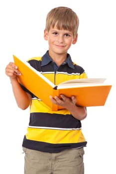 School boy is holding a book isolated on white background