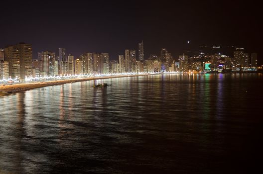 Night skyline of Benidorm, Spain, from the sea