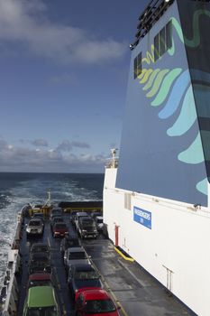 Car ferry at sea making the crossing from Wellington on the North Island of New Zealand to Picton on the South Island.