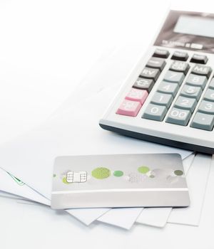 Credit card and Calculator on white Envelope isolate white background