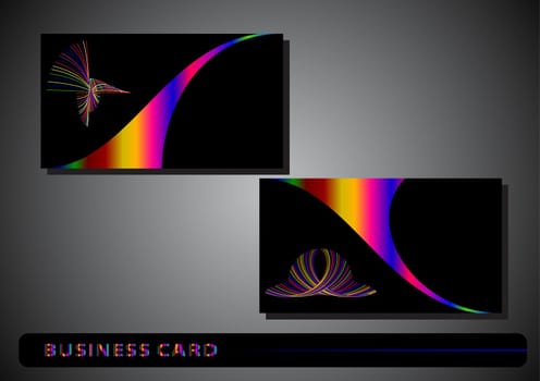 business card with a colorful logo on a black background