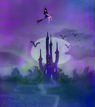 Witch flying on a broom in moonlight.
