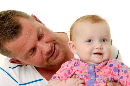 Happy and smiling baby and father. The baby 3 month old. Isolated on a white background.