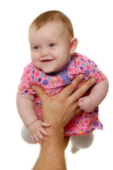 Flying baby. Father is lifting up his sweet baby. The baby 3 month old. Isolated on a white background.