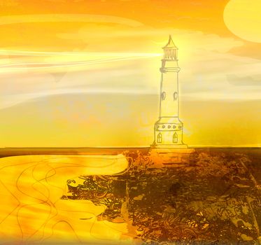 lighthouse seen from a tiny beach - Grunge Poster