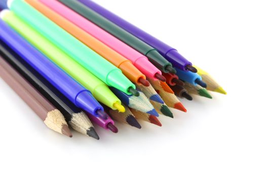 Color pencils and felt-tip pens. Shallow DOF.
