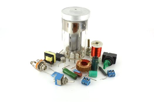 Electronic components with radio valve, over white.