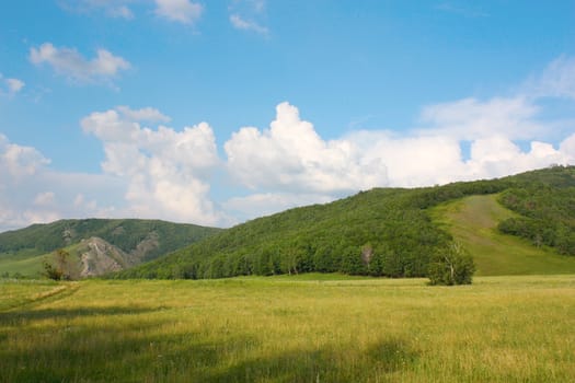 Summer landscape with mountains. Blue sky with clouds.