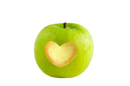 fresh green apple with heart shape on white background