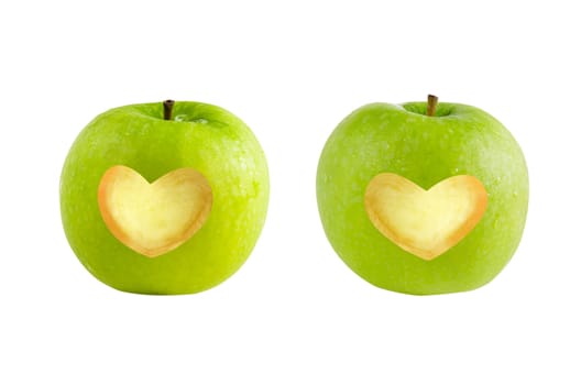 two green fresh wet apples with heart shape