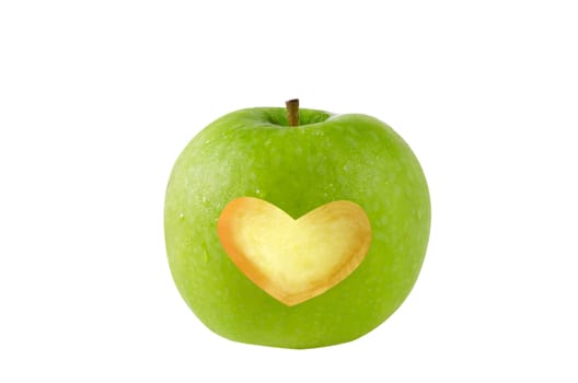 Green apple with a heart symbol on white background