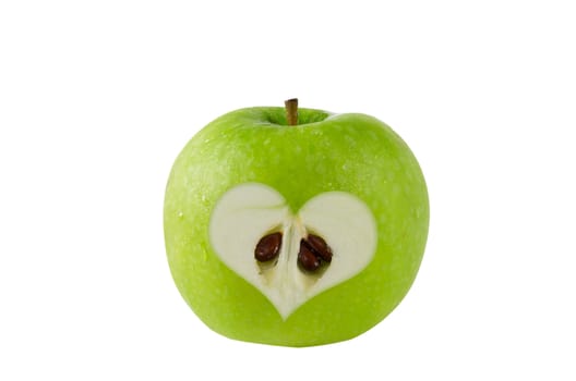 apple with a heart symbol on white background