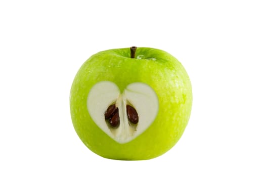 green apple with heart shape on white background