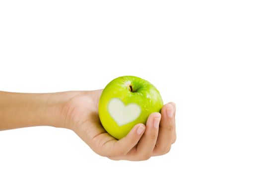  hand and  apple with  heart shape on white background