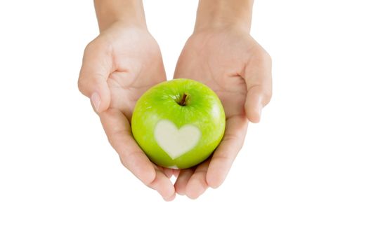 female hand and  apple with  heart shape on white background