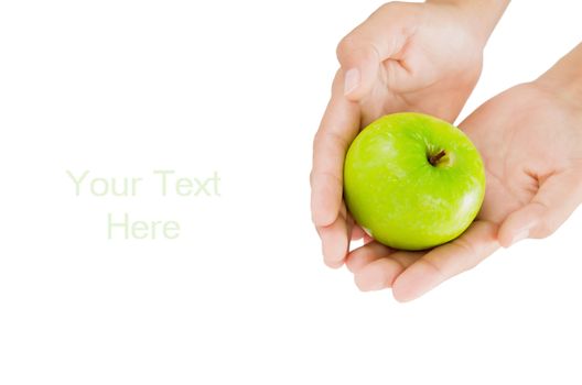  hand and  apple with  heart shape and free space for text