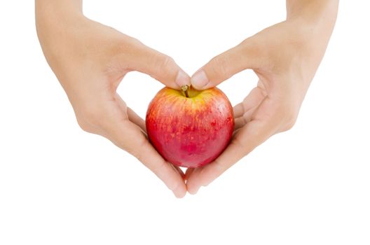 female hand and  apple  on white background