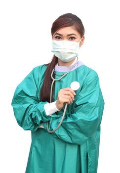 female doctor wearing a green scrubs and stethoscope on white background