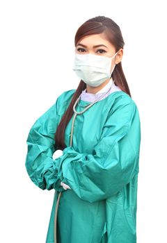 female doctor wearing a green scrubs and stethoscope on white background