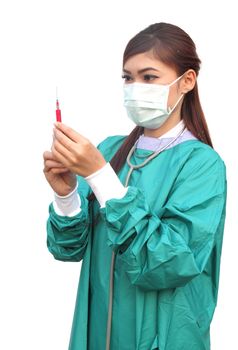female doctor wearing a green scrubs with syringe