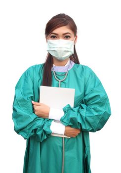 female doctor wearing a green scrubs with medical report