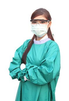 female doctor wearing a green scrubs with mask and glasses