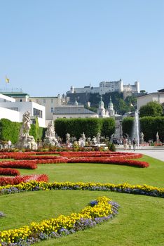 View at Austrian citySalzburg castle from the gardens 