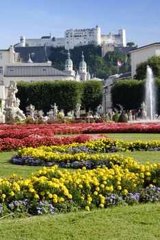 View at Austrian citySalzburg castle from the gardens 