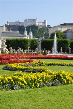 View at Austrian citySalzburg castle from the gardens 