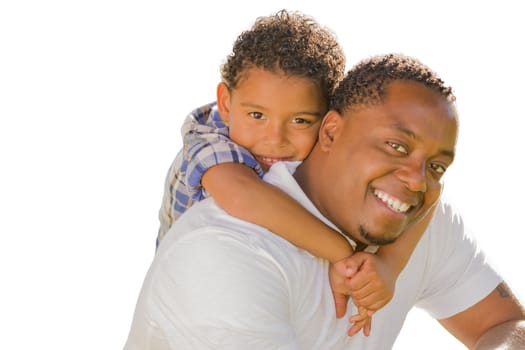 Happy African American Father and Mixed Race Son Playing Piggyback Isolated On A White Background.