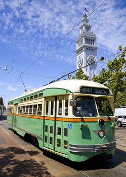 San Francisco Trolley Car moves through the street 