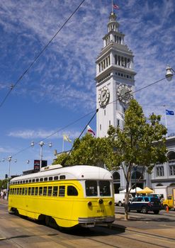 San Francisco Trolley Car moves through the street in San Francisco