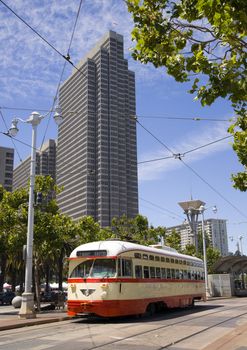 San Francisco Trolley Car moves through the street