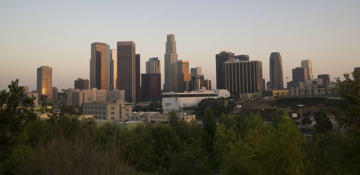 A wide shot of the Los Angeles Skyline at Dusk