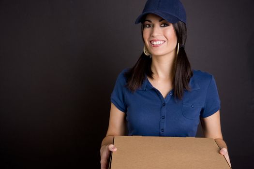 Pizza delivery girl in blue