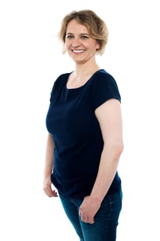 Stylish portrait of attractive woman in casuals smiling at camera