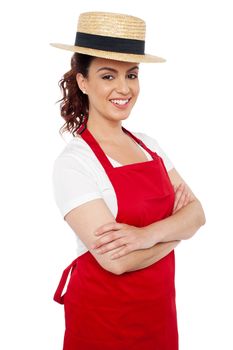 Baker woman posing casually with arms crossed looking at you
