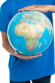 Guy holding globe, closeup shot. All on white background