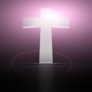 Glowing christian cross on the purple background