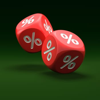 Red dice with percent sign on the green background 