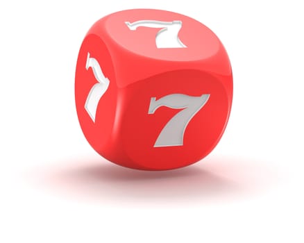 Red dice with lucky seven on the white background