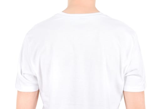 Advertising space on a white t-shirt. Isolated on white.