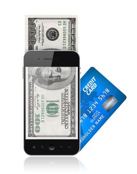 Modern mobile phone with hundred dollar bills on a screen and with credit card. Mobile payment concept. Isolated on white.
