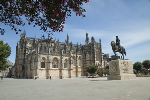 View of Monastery of Batalha in Portugal with image of Ecuestrian Statue