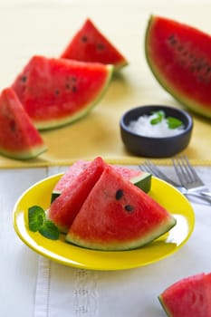 Fresh watermelon with salt and mint