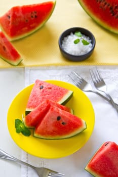 Fresh watermelon with salt and mint