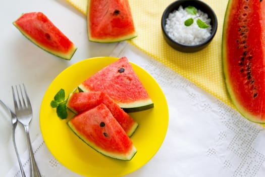 Fresh watermelon with salt and mint