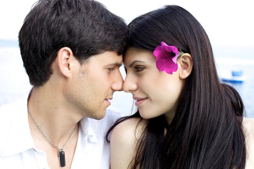 Beautiful woman looking handsome man romantic moment in love