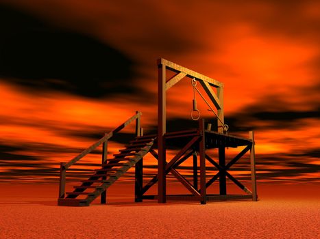 Medieval gallows made of wood by red cloudy night