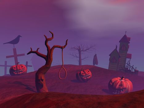 Halloween pumpkins and houses, trees, crosses, crow and dead man by purple sunset